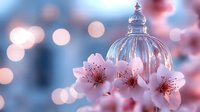 Delicate pink cherry blossoms near decorative glass dome with soft bokeh background creating dreamy spring atmosphere and romantic mood.