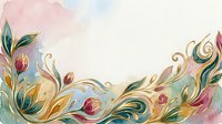 Watercolor floral border with ornamental swirls, tulips, and botanical elements in soft pink, gold, and teal tones on isolated white background for design projects.