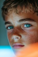 Close up portrait of young male with bright blue eyes and freckles in dramatic lighting with orange and blue color accents, showing natural skin texture.