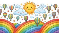 Cheerful sun with smiling clouds, colorful hot air balloons and rainbow stripes create whimsical sky scene for children's room decor and educational materials.