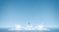Podium with splashing water and ice cubes on blue background, suitable for product display, cosmetics, skincare, and beverage advertising.