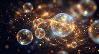 Glowing transparent bubbles floating in cosmic space with golden bokeh lights and sparkling particles creating magical atmosphere for fantasy designs.