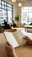Person holding open blank notebook at wooden table in bright modern office space with colleagues working by windows.