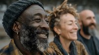 Happy diverse group of mature adults laughing together outdoors, showing genuine joy and friendship in natural lighting for lifestyle content.