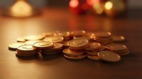 Gold coins scattered on warm surface with bokeh lights in background, suitable for finance, wealth, investment, and business concepts.