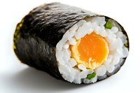 Fresh sushi roll with raw salmon, rice and cucumber wrapped in nori seaweed sheet, close up view on white background, Japanese cuisine.