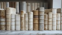 Row of vintage books with worn leather spines in neutral beige and white tones arranged on wooden shelf, creating atmospheric library ambiance for nostalgic reading concept.