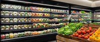 Modern grocery store produce section with fresh vegetables and refrigerated display cases showcasing organic food selection for healthy shopping experience.