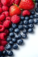 Fresh mixed berries - strawberries, raspberries and blueberries arranged on white background. Macro food photography showing vibrant colors and texture details.