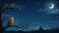 Owl perched on bare branch under crescent moon and starry night sky with castle silhouette and flying bats below, suitable for fantasy, children's book illustrations, and nocturnal wildlife themes.