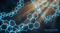 Abstract molecular structure with glowing hexagonal chains and light rays for scientific research, chemistry education, and biotechnology presentations.