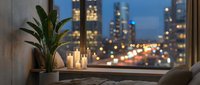 Cozy evening apartment interior with candles on windowsill overlooking illuminated city skyline at dusk creating warm atmospheric home decor ambiance.