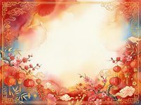 Lunar new year celebration background with red lanterns, cherry blossoms, and ornamental gold borders on warm gradient backdrop. Suitable for festive designs.