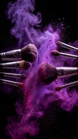 Professional makeup brushes with purple powder explosion on black background for beauty and cosmetics industry advertising.