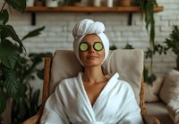 Young Asian woman relaxing in spa chair wearing white bathrobe and towel turban, with cucumber slices on eyes, surrounded by green plants against brick wall.