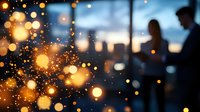 Romantic silhouettes of couple against city skyline at dusk with magical golden bokeh lights and sparkles creating dreamy atmospheric mood for celebration background.