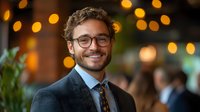 Smiling young Caucasian businessman wearing glasses and suit at evening corporate event with bokeh lights and blurred background, expressing confidence and success.
