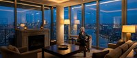 Elegant woman in black attire relaxing in luxury penthouse living room with fireplace, floor-to-ceiling windows overlooking illuminated cityscape at dusk, modern interior design.