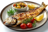 Grilled whole mackerel served on ceramic plate with fresh dill, cherry tomatoes, lemon wedges and vegetable garnish. Mediterranean seafood dish with golden crispy skin.