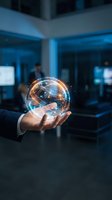 Businessman holding glowing digital globe with network connections in modern office environment, representing global business, technology innovation, and international commerce.