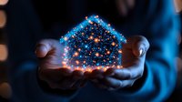 Glowing blue house silhouette floating above cupped hands against dark background with bokeh lights, representing home protection, real estate and magical atmosphere.