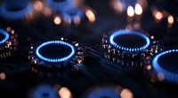 Blue gas stove burners glowing in dark kitchen, close up view showing circular flame pattern and metal details, dramatic lighting creates moody atmosphere.