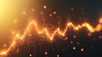 Glowing orange line graph with sparkles and bokeh effects on dark background shows financial data visualization and market trends analysis.