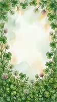 Watercolor clover and shamrock floral border frame with soft green tones and pink blooms, copy space center for text or greeting cards.