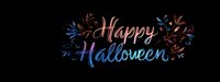 Gradient colored Happy Halloween lettering with floral elements on black background, modern calligraphy style text for seasonal greeting cards and designs.