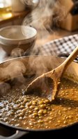 Wooden spoon stirring steaming lentil soup in pot, hot meal preparation in kitchen for cooking and food blogs.