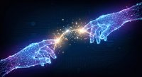 Digital wireframe hands reaching toward each other with glowing connection spark on dark tech background for AI and human collaboration concepts.
