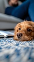 Adorable Yorkshire terrier puppy lying on blue carpet next to open book, close-up portrait showing expressive eyes and golden fur. Perfect for pet care concepts.
