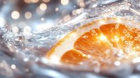 Fresh orange slice with dynamic water splash and bubbles creating refreshing citrus burst against soft bokeh background for beverage and wellness concepts.