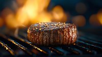 Juicy beef steak grilling on barbecue grate with golden flames and bokeh background. Close up view shows seared meat texture and grill marks.