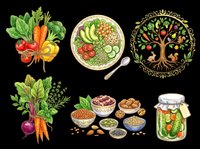 Healthy eating collection with fresh vegetables, balanced meal bowl, nutritious tree, leafy greens, legumes, nuts, seeds, and preserved vegetables in jar. Isolated on transparent background, ready for t-shirts, clipart, print-on-demand, stickers, and sublimation designs.