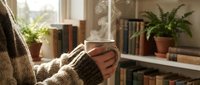 Cozy reading moment with hands holding warm coffee mug in knitted sweater sleeves, surrounded by books and plants in sunlit home library atmosphere.