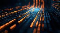 Digital technology abstract with glowing orange light trails on dark blue circuit pattern background, futuristic data flow visualization for tech concepts.
