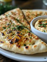 Grilled flatbread with charred marks and fresh herbs served alongside creamy hummus dip garnished with parsley and paprika on white plate, rustic wooden surface.