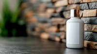 White cosmetic bottle with copper cap on wooden surface against brick wall background for skincare and beauty product mockup designs.