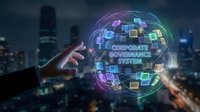 Business professional touching holographic sphere with corporate governance system text and digital cubes floating above modern city skyline at night.