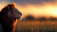 Majestic male lion with flowing mane silhouetted against golden sunset sky with bokeh light effects, side view portrait showing strength and dignity of African wildlife.