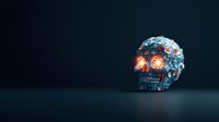 Decorative metallic skull with glowing orange eyes and intricate blue-tinted patterns on dark background, artistic gothic design element for creative projects.