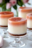 Mini cheesecakes with pink jelly layer on top served on individual glass pedestals, featuring creamy vanilla filling and cookie crust base against soft floral background.