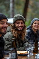 Young diverse friends enjoying outdoor dinner gathering with wine and food, sharing genuine laughter at rustic wooden table in natural setting.