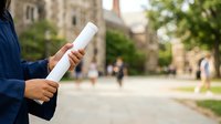Graduate holding diploma scroll in hand on university campus with blurred academic buildings and students in background, celebrating educational achievement.