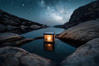 Glowing lantern on rocky shore under starry night sky with Milky Way galaxy reflecting in calm water creating peaceful outdoor camping atmosphere.