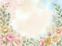 Watercolor floral frame with pink and gold roses, green foliage, and botanical elements on soft pastel background. Isolated design for invitations, cards, and decorative projects.