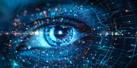 Digital eye with glowing blue circuits and technology elements perfect for artificial intelligence, biometric scanning, and futuristic cybersecurity concepts in tech presentations.