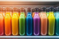 Colorful beverages in glass bottles arranged in rainbow order on refrigerated shelf, featuring vibrant juices and drinks in orange, yellow, green, blue, purple and pink hues for retail display.