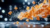 Orange gummy bears scattered in dynamic motion with water droplets and splashes against dark background creating dramatic food photography effect.